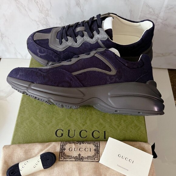 Gucci Rython GG Logo Monogram Mens Sneaker Blue Canvas Leather UK 10/ US 10.5 - Picture 3 of 13